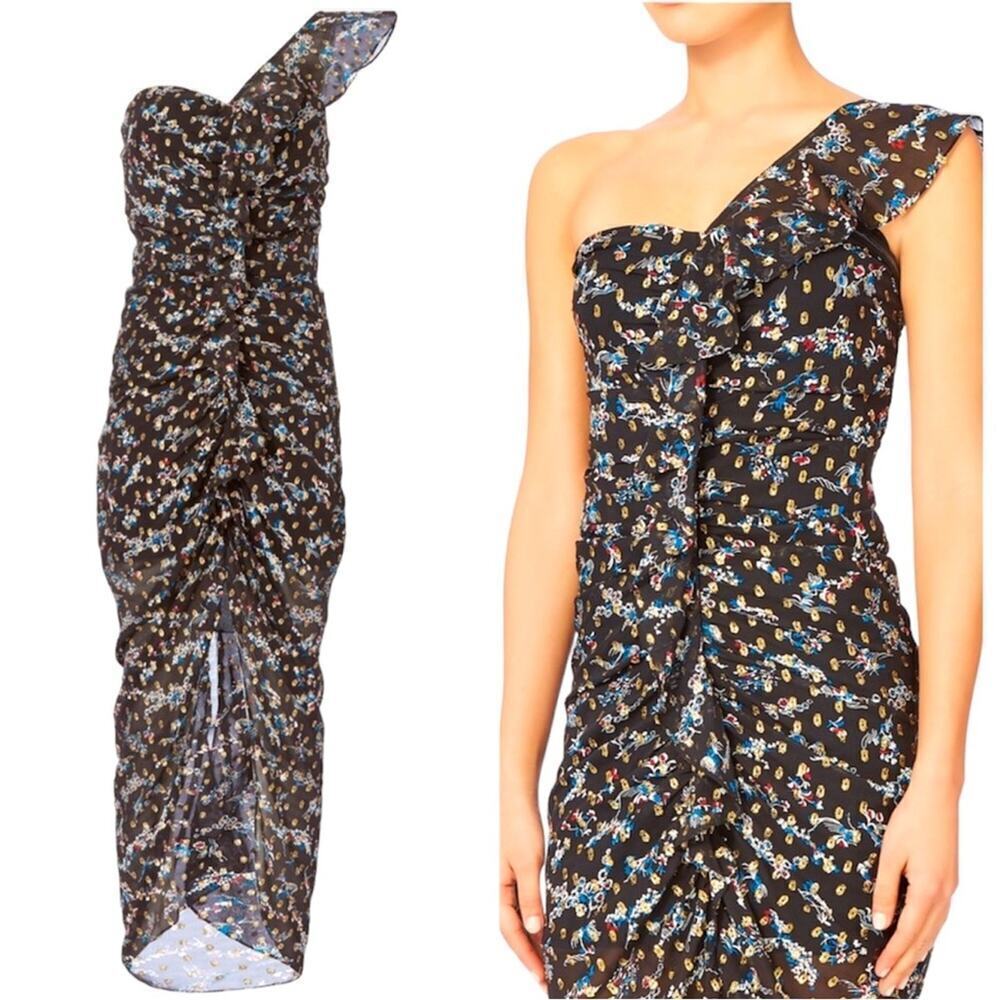 Veronica Beard Ruffian Ruched Silk Midi Dress Multi Color Size 6